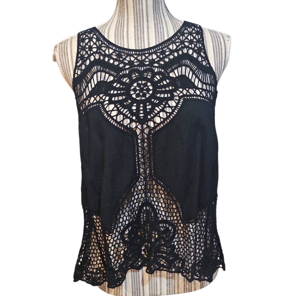 Style Apparel Woman Chic Black Crochet Boho Vintage Tank Top Size M Rear